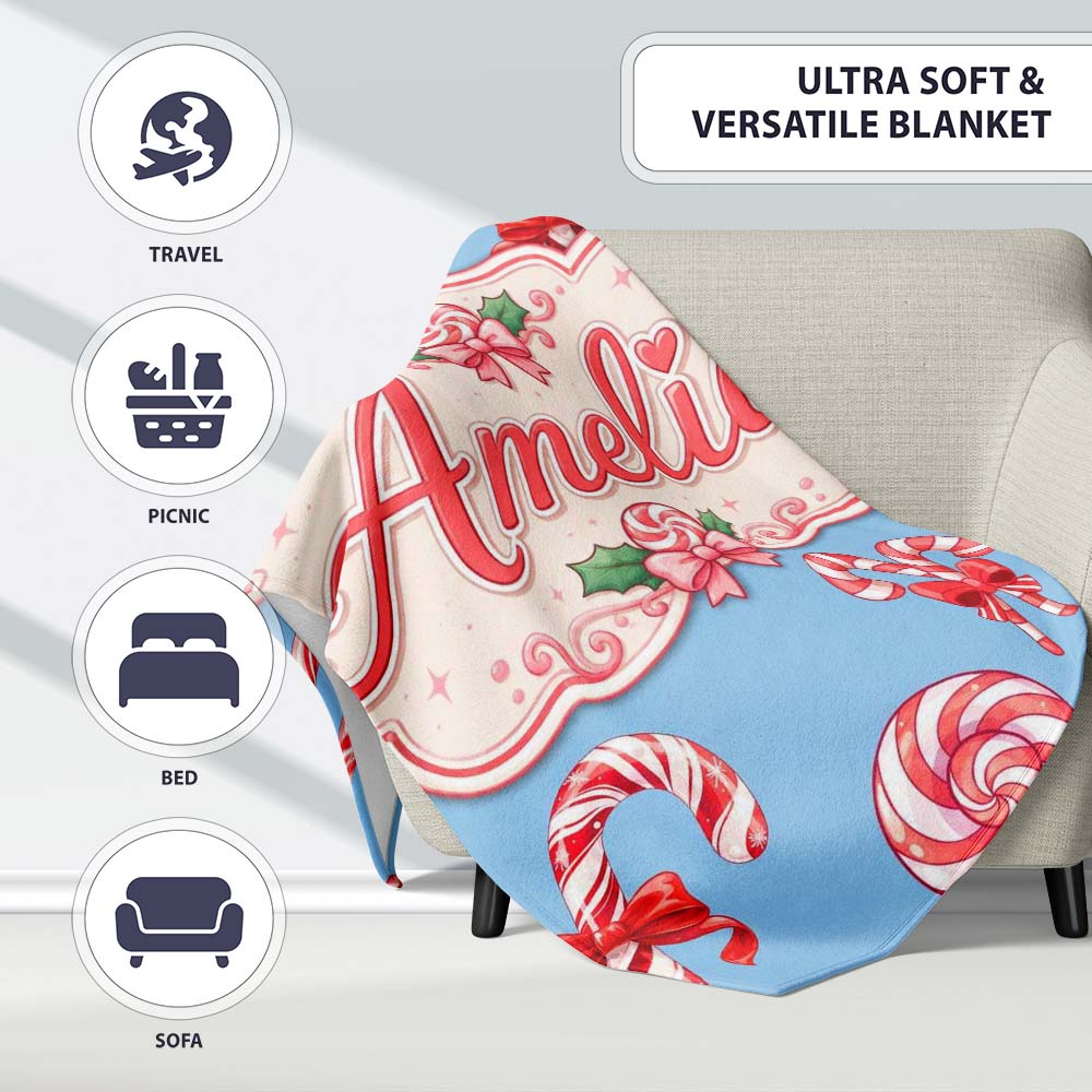 Cute Christmas Candy Cane Ribbon Bow Light Blue Seamless Pattern Personalised Custom Name Super Soft Fleece Blanket Bed Sofa Throw