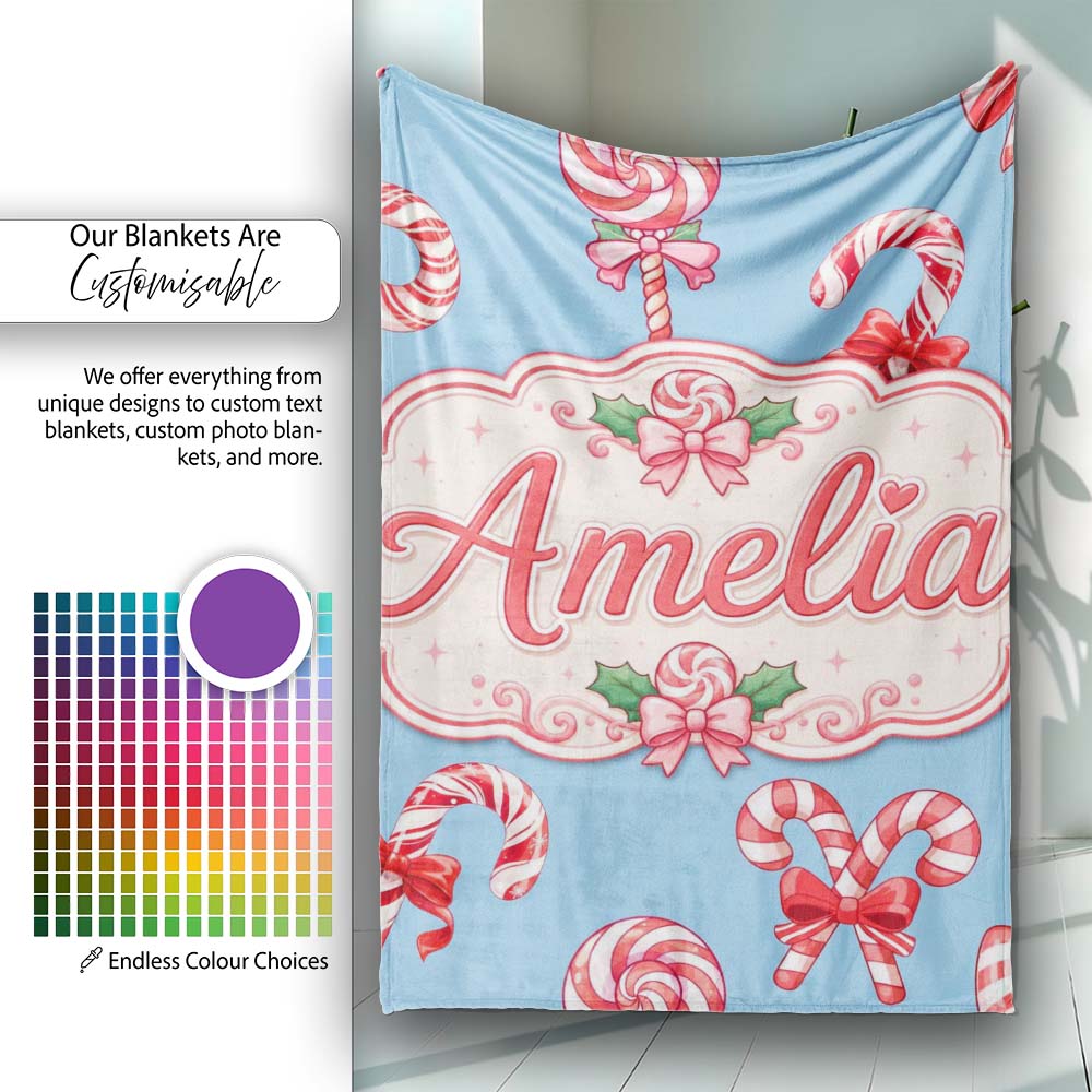 Cute Christmas Candy Cane Ribbon Bow Light Blue Seamless Pattern Personalised Custom Name Super Soft Fleece Blanket Bed Sofa Throw