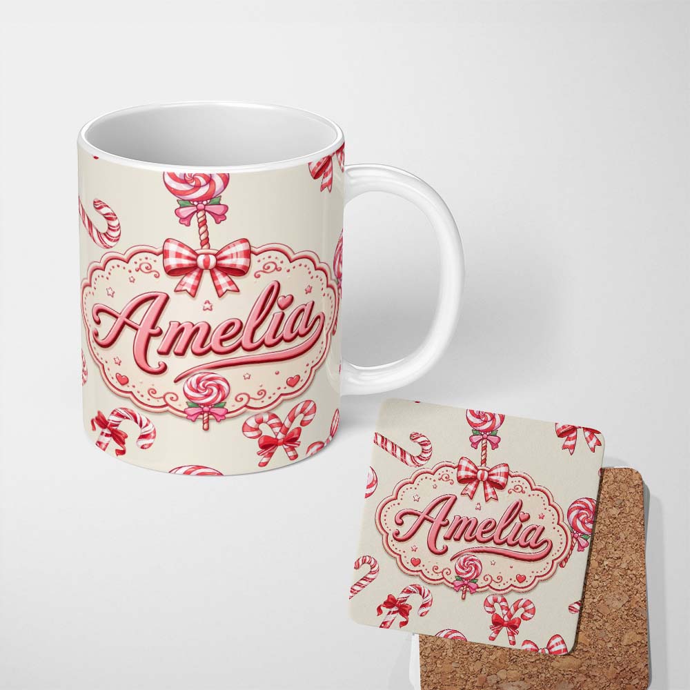 Personalized Custom Name Cute Christmas Candy Cane Ribbon Bow Neutral Beige Seamless Pattern 11oz Ceramic Coffee Tea Mug White Large Handle