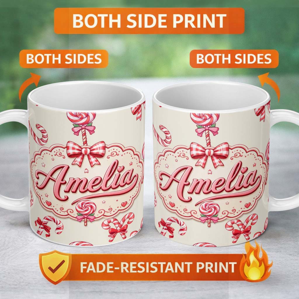 Personalized Custom Name Cute Christmas Candy Cane Ribbon Bow Neutral Beige Seamless Pattern 11oz Ceramic Coffee Tea Mug White Large Handle