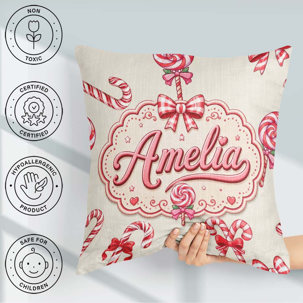 Custom Name Candy Cane Ribbon Bow Neutral Beige Seamless Pattern Square Filled Cushion Throw Pillow Sofa Bed Home Decor Zip Washable UK Made