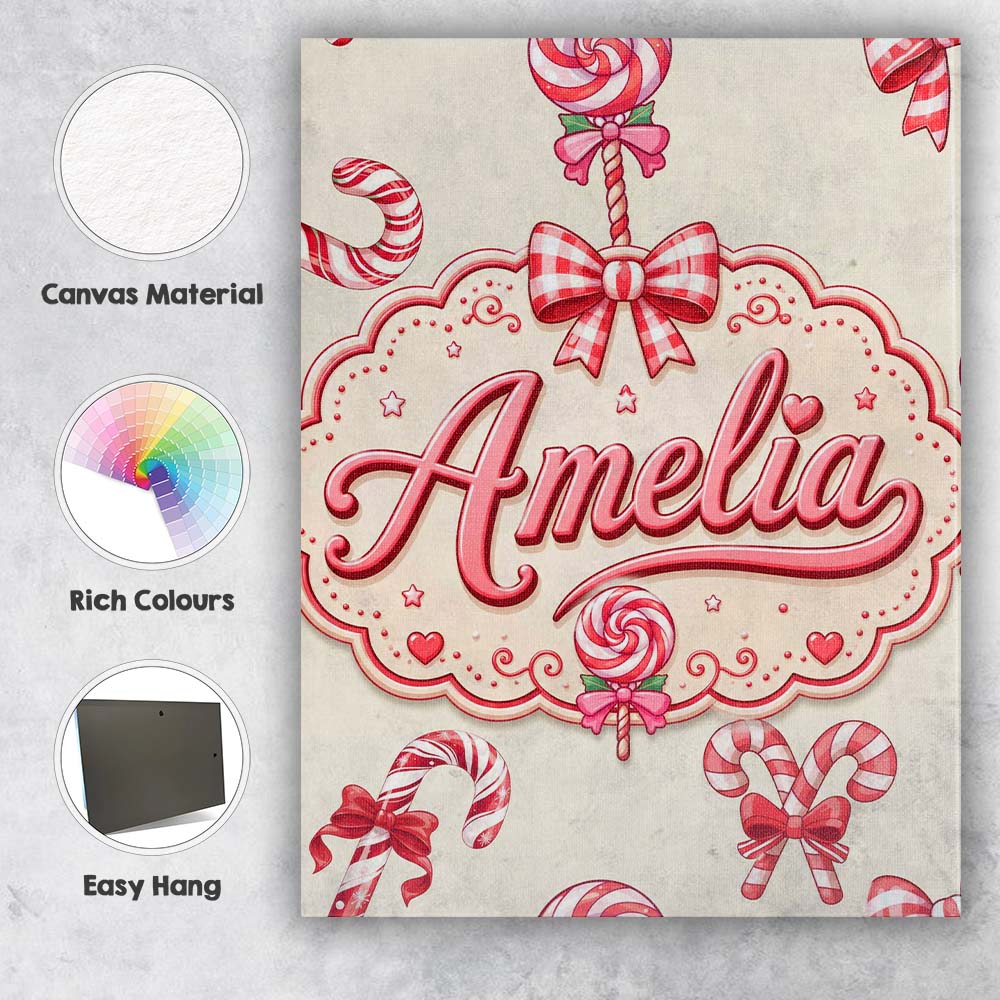 Personalised Name Cute Christmas Candy Cane Custom Bespoke Interior Contemporary Canvas Wall Art Print Decor Picture Ready to Hang