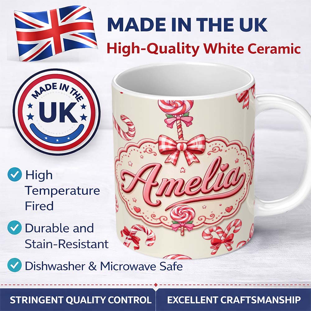 Personalized Custom Name Cute Christmas Candy Cane Ribbon Bow Neutral Beige Seamless Pattern 11oz Ceramic Coffee Tea Mug White Large Handle
