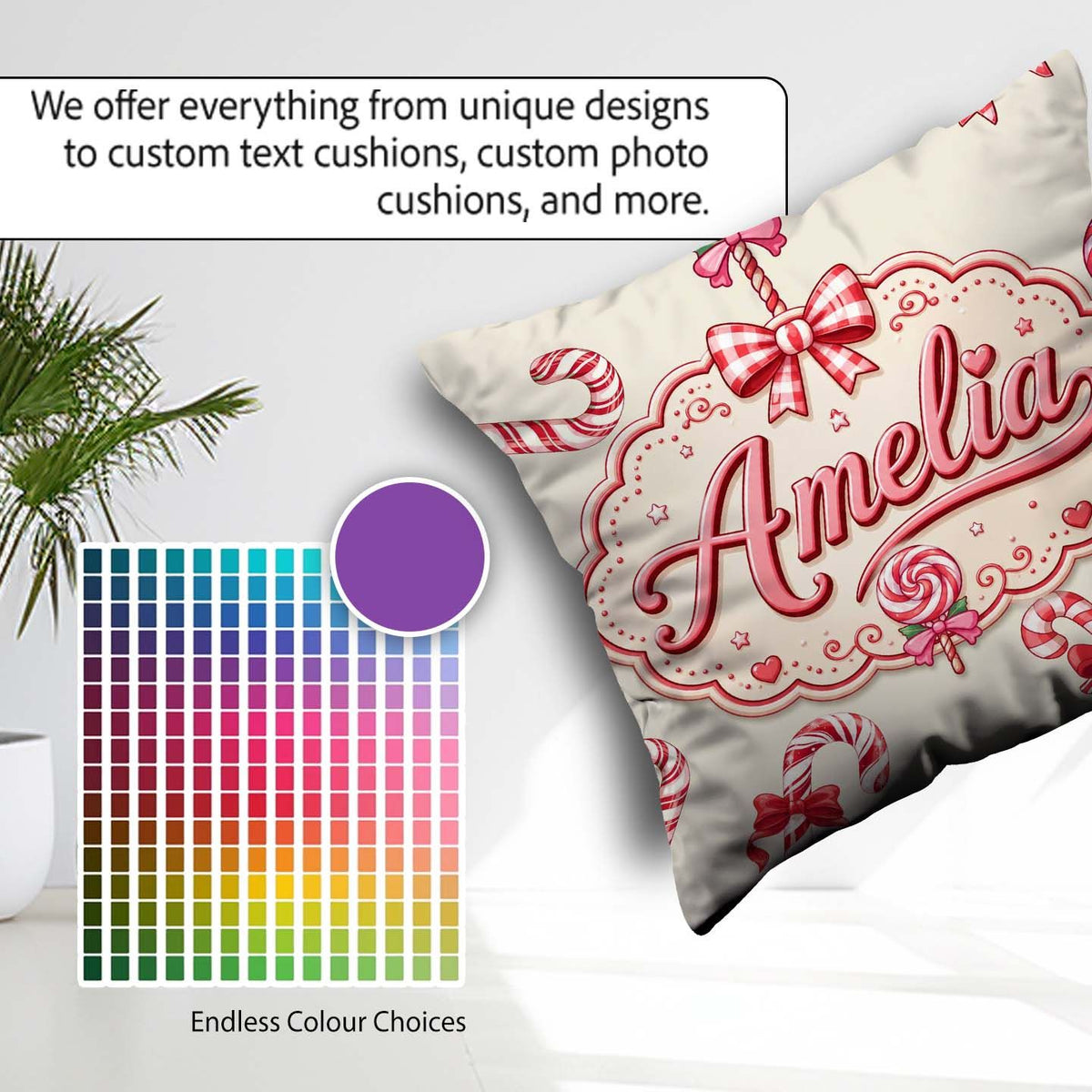 Custom Name Candy Cane Ribbon Bow Neutral Beige Seamless Pattern Square Filled Cushion Throw Pillow Sofa Bed Home Decor Zip Washable UK Made