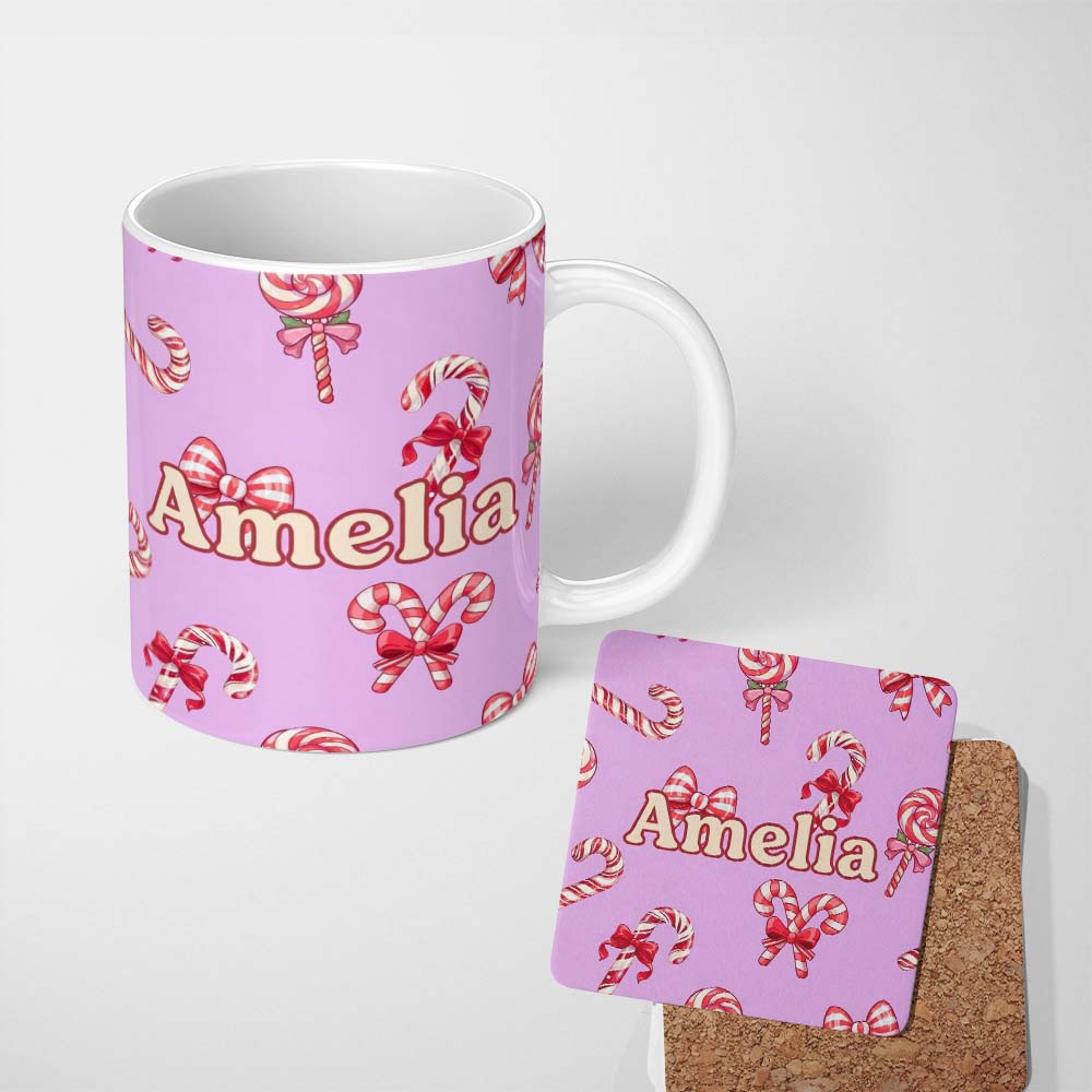 Personalized Custom Name Cute Christmas Candy Cane Ribbon Bow Soft Purple Seamless Pattern 11oz Ceramic Coffee Tea Mug White Large Handle