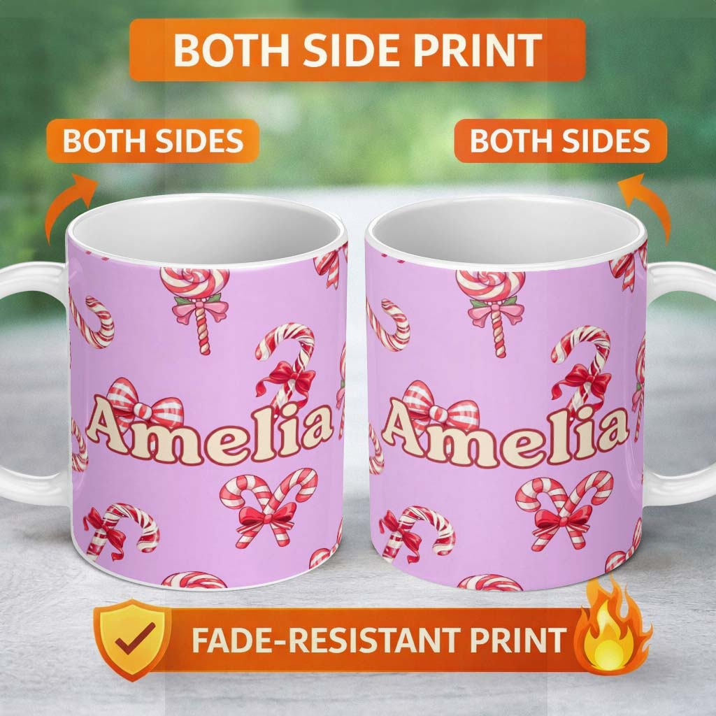 Personalized Custom Name Cute Christmas Candy Cane Ribbon Bow Soft Purple Seamless Pattern 11oz Ceramic Coffee Tea Mug White Large Handle