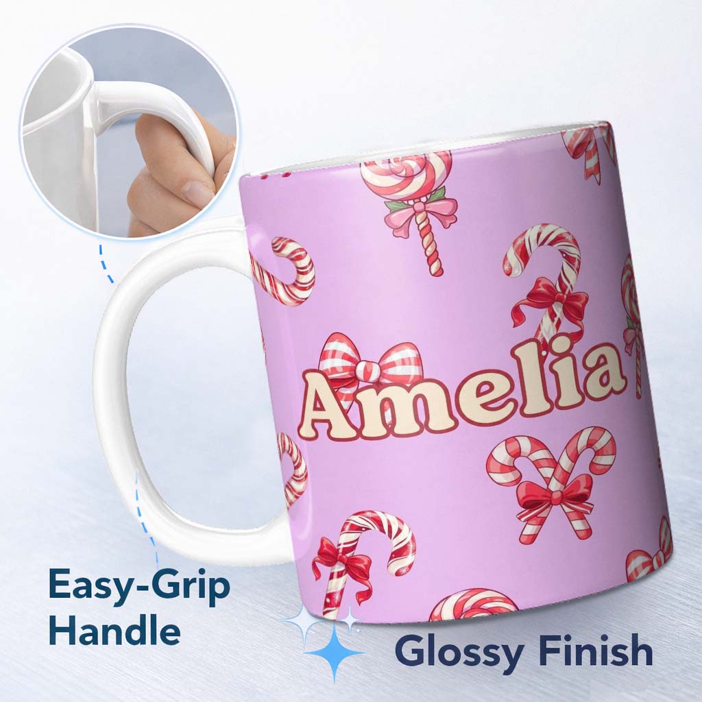 Personalized Custom Name Cute Christmas Candy Cane Ribbon Bow Soft Purple Seamless Pattern 11oz Ceramic Coffee Tea Mug White Large Handle