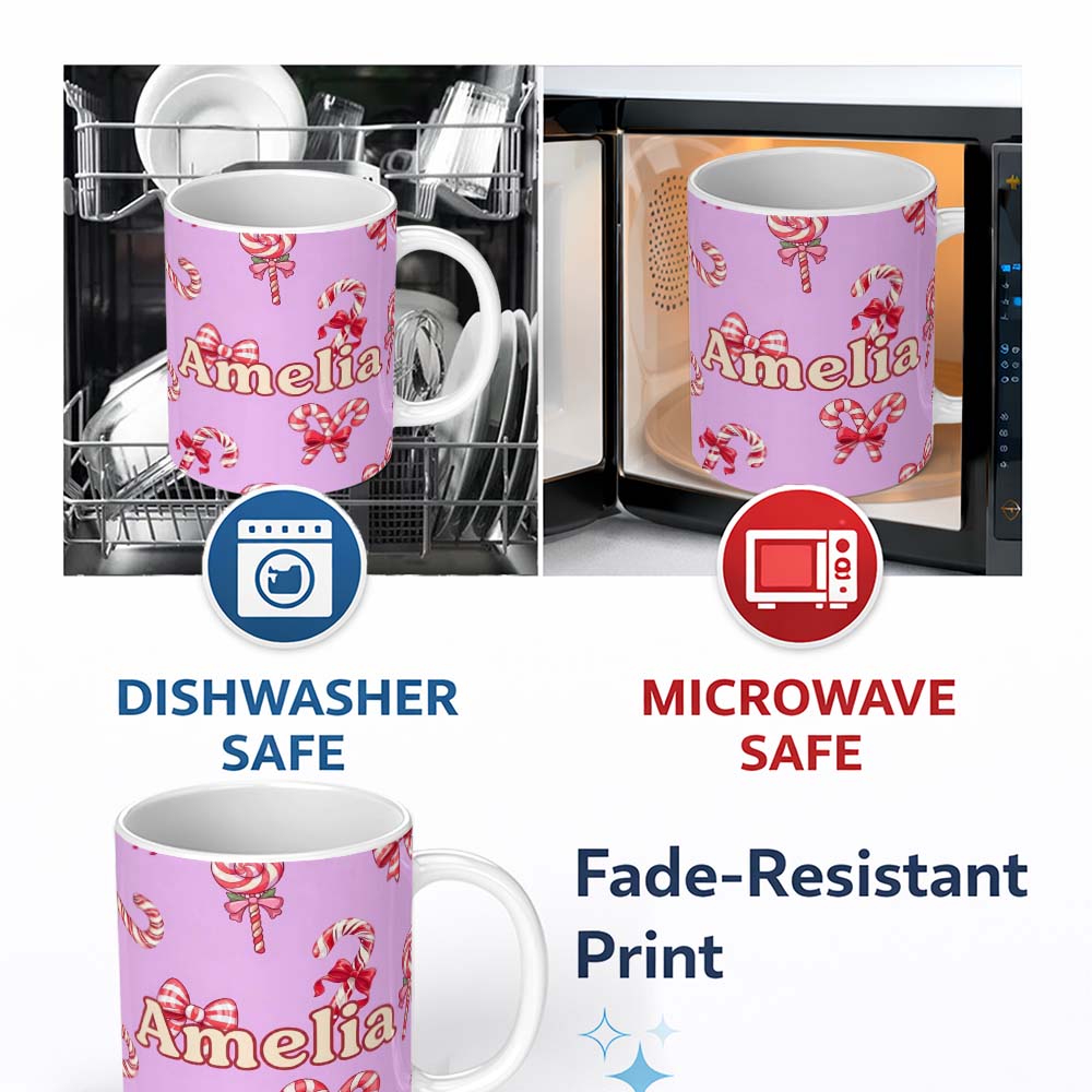 Personalized Custom Name Cute Christmas Candy Cane Ribbon Bow Soft Purple Seamless Pattern 11oz Ceramic Coffee Tea Mug White Large Handle