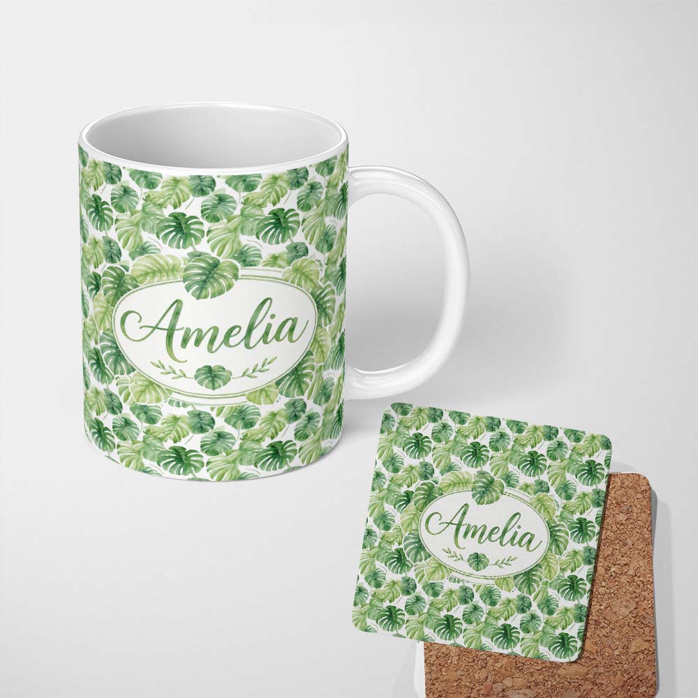 Personalized Custom Name Light Green Botanical Monstera Leaf Arrangement Seamless Pattern 11oz Ceramic Coffee Tea Mug White Large Handle