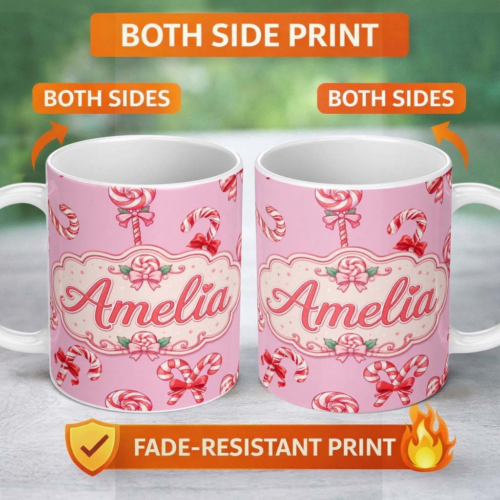 Personalized Custom Name Cute Christmas Candy Cane Ribbon Bow Pastel Pink Seamless Pattern 11oz Ceramic Coffee Tea Mug White Large Handle