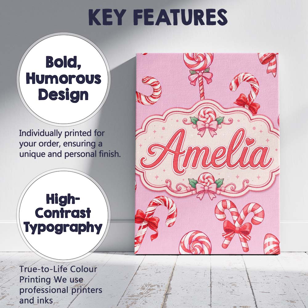 Personalised Name Cute Christmas Candy Cane Custom Bespoke Interior Contemporary Canvas Wall Art Print Decor Picture Ready to Hang