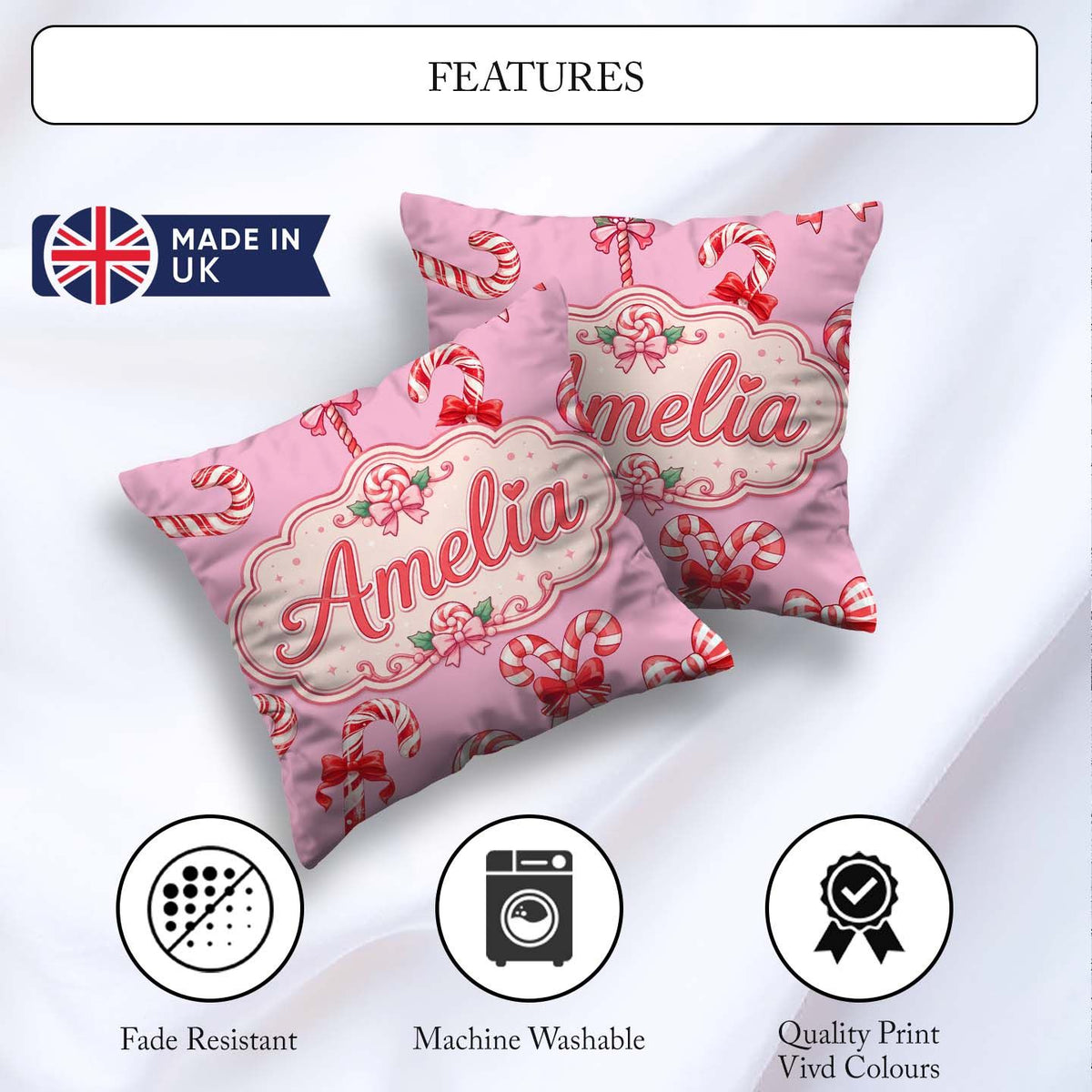 Custom Name Christmas Candy Cane Ribbon Bow Pastel Pink Seamless Square Filled Cushion Throw Pillow Sofa Bed Home Decor Zip Washable UK Made
