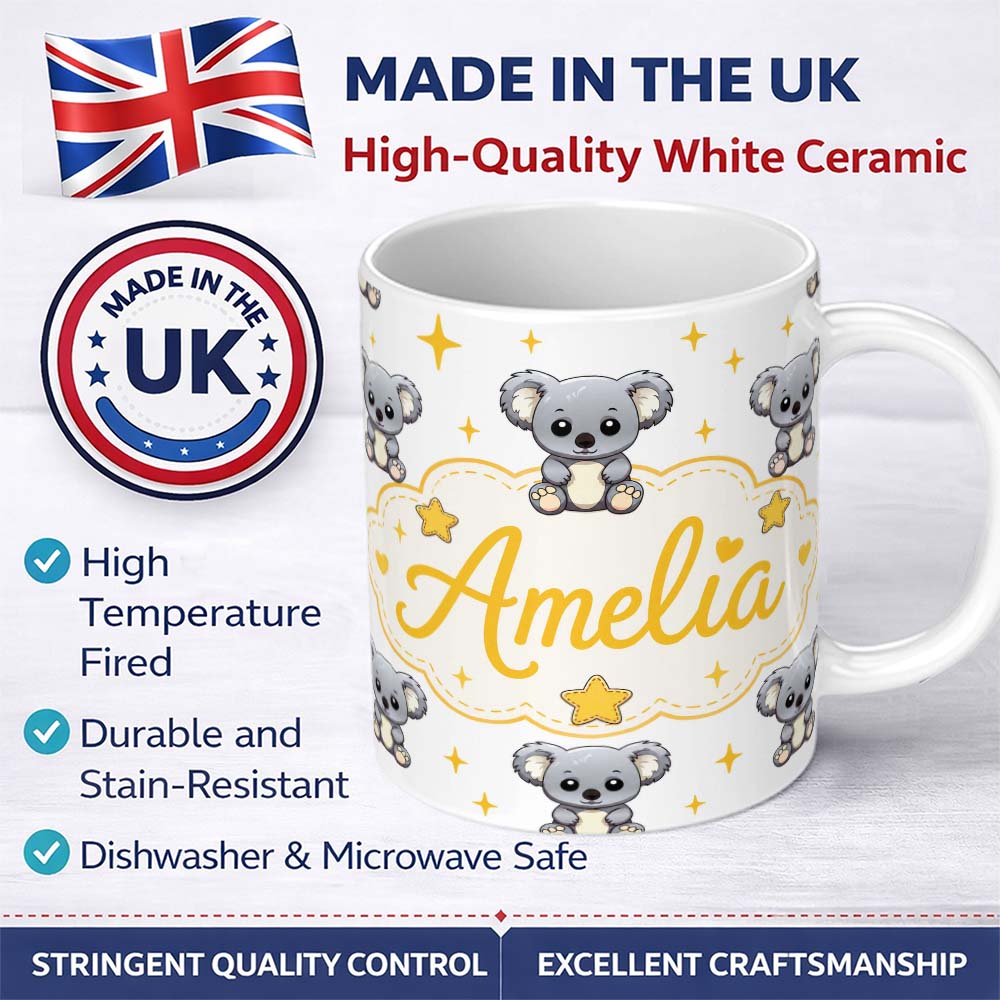 Personalized Custom Name Cute Koala Bears with Stars White Background Seamless Pattern Lovely 11oz Ceramic Coffee Tea Mug White Large Handle