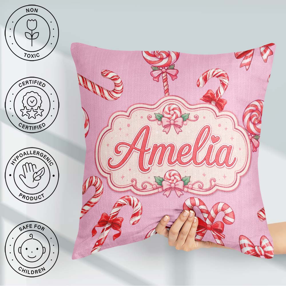 Custom Name Christmas Candy Cane Ribbon Bow Pastel Pink Seamless Square Filled Cushion Throw Pillow Sofa Bed Home Decor Zip Washable UK Made