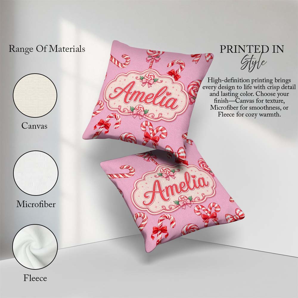 Custom Name Christmas Candy Cane Ribbon Bow Pastel Pink Seamless Square Filled Cushion Throw Pillow Sofa Bed Home Decor Zip Washable UK Made