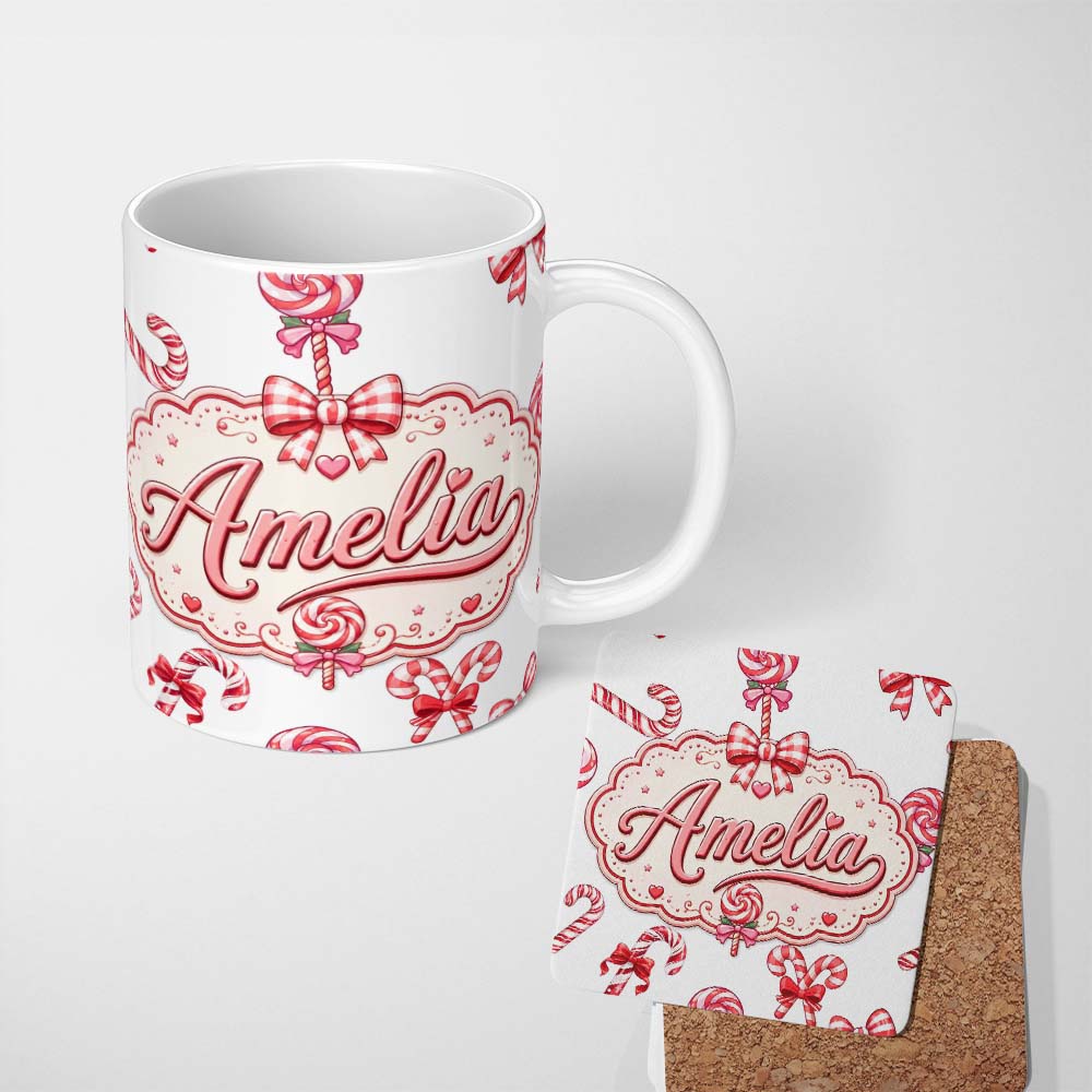 Personalized Custom Name Cute Christmas Candy Cane Ribbon Bow Light Grey Seamless Pattern 11oz Ceramic Coffee Tea Mug White Large Handle