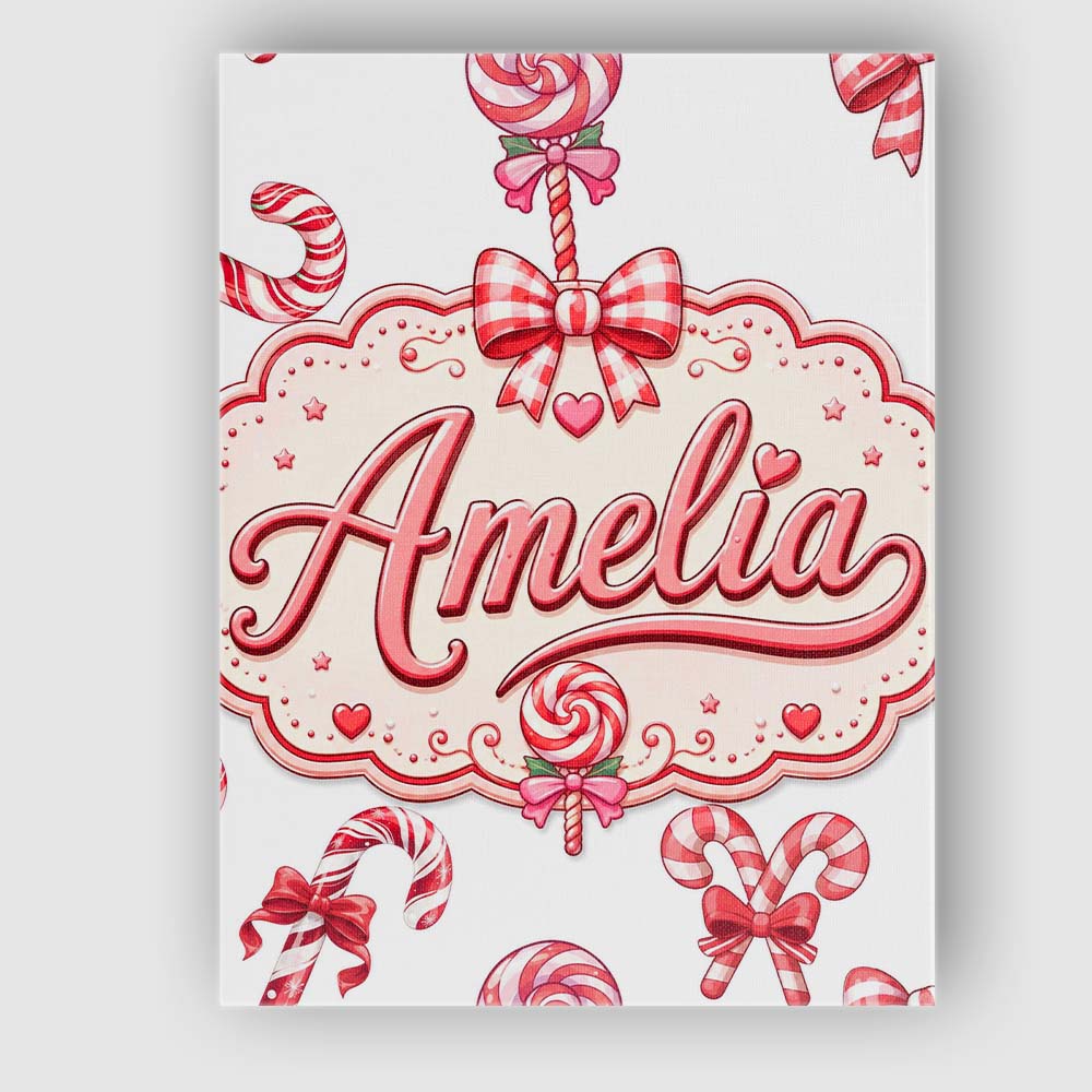 Personalised Name Cute Christmas Candy Cane Custom Bespoke Interior Contemporary Canvas Wall Art Print Decor Picture Ready to Hang