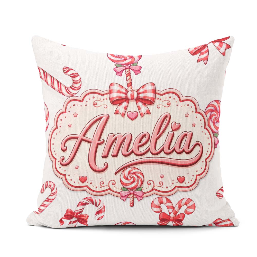 Custom Name Christmas Candy Cane Bow Light Grey Seamless Pattern Square Filled Cushion Throw Pillow Sofa Bed Home Decor Zip Washable UK Made