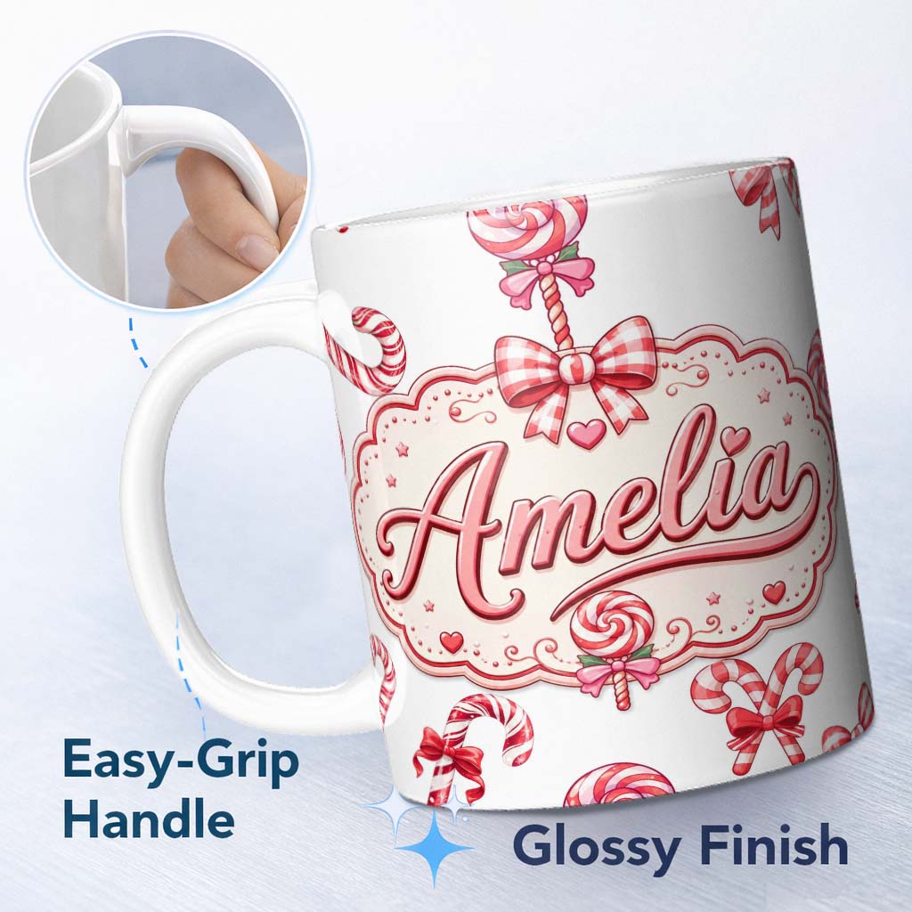 Personalized Custom Name Cute Christmas Candy Cane Ribbon Bow Light Grey Seamless Pattern 11oz Ceramic Coffee Tea Mug White Large Handle