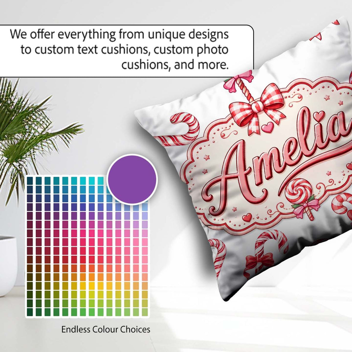Custom Name Christmas Candy Cane Bow Light Grey Seamless Pattern Square Filled Cushion Throw Pillow Sofa Bed Home Decor Zip Washable UK Made