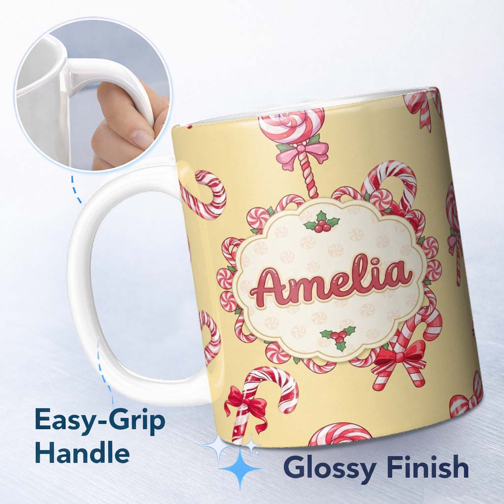 Personalized Custom Name Cute Christmas Candy Cane Ribbon Bow Warm Yellow Seamless Pattern 11oz Ceramic Coffee Tea Mug White Large Handle