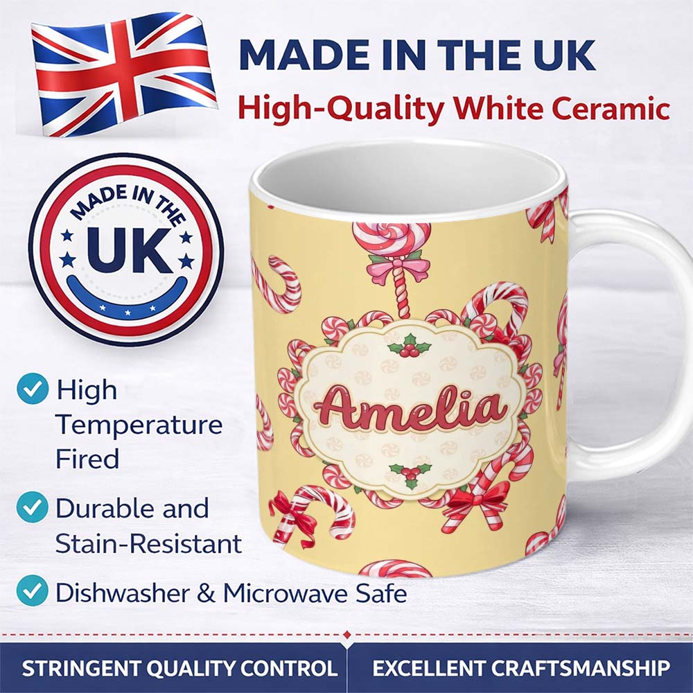 Personalized Custom Name Cute Christmas Candy Cane Ribbon Bow Warm Yellow Seamless Pattern 11oz Ceramic Coffee Tea Mug White Large Handle