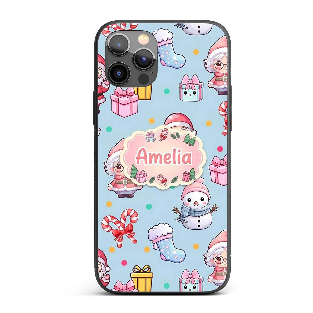 Cute Kawaii Santa Snowman Gift Characters Blue Custom Name Protective Phone Case Mobile Cover Durable Everyday Smartphone Shock Resistant