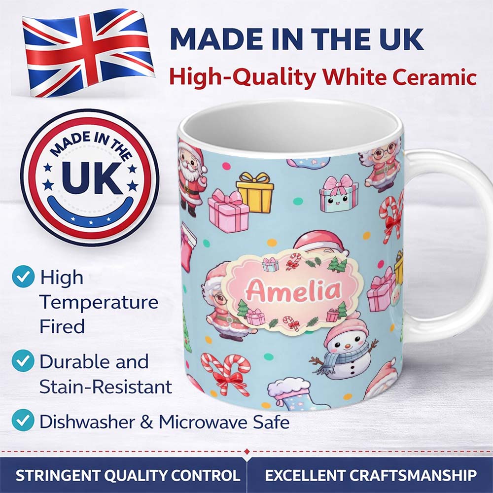 Personalized Custom Name Cute Kawaii Santa Snowman Gift Characters Blue Seamless Pattern Name 11oz Ceramic Coffee Tea Mug White Large Handle