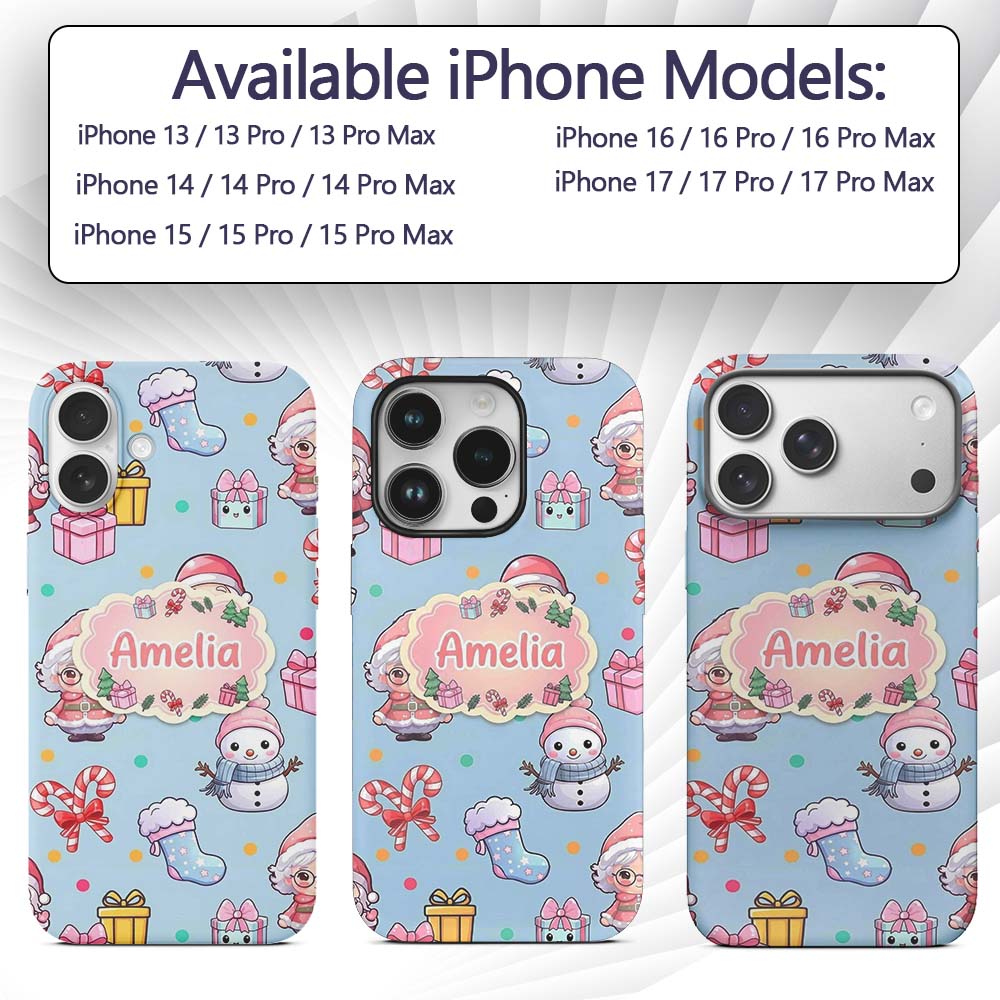 Cute Kawaii Santa Snowman Gift Characters Blue Custom Name Protective Phone Case Mobile Cover Durable Everyday Smartphone Shock Resistant