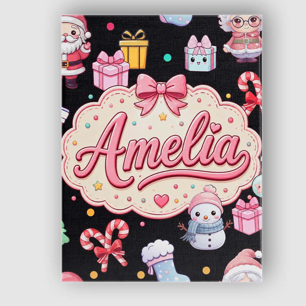 Personalised Name Cute Kawaii Santa Snowman Custom Bespoke Interior Contemporary Canvas Wall Art Print Decor Picture Ready to Hang