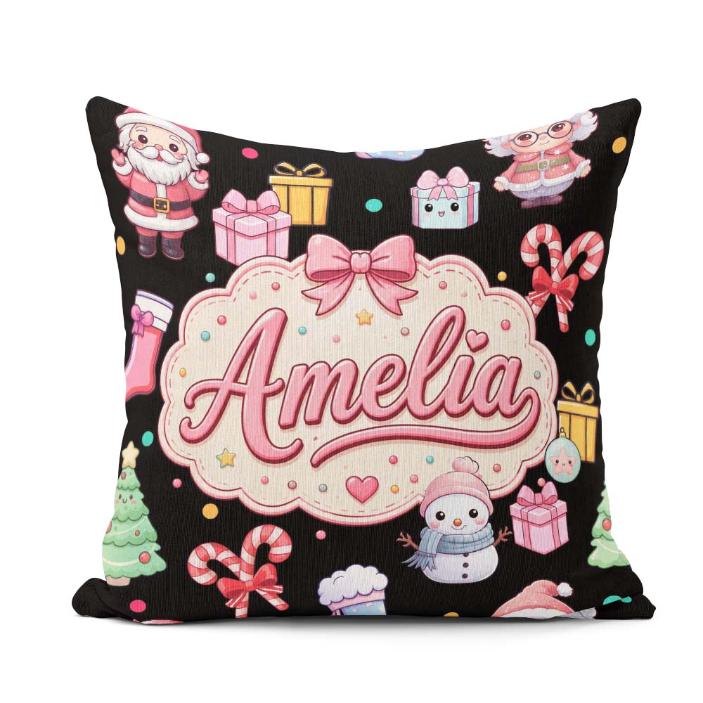 Custom Name Cute Santa Snowman Characters Black Seamless Pattern Square Filled Cushion Throw Pillow Sofa Bed Home Decor Zip Washable UK Made