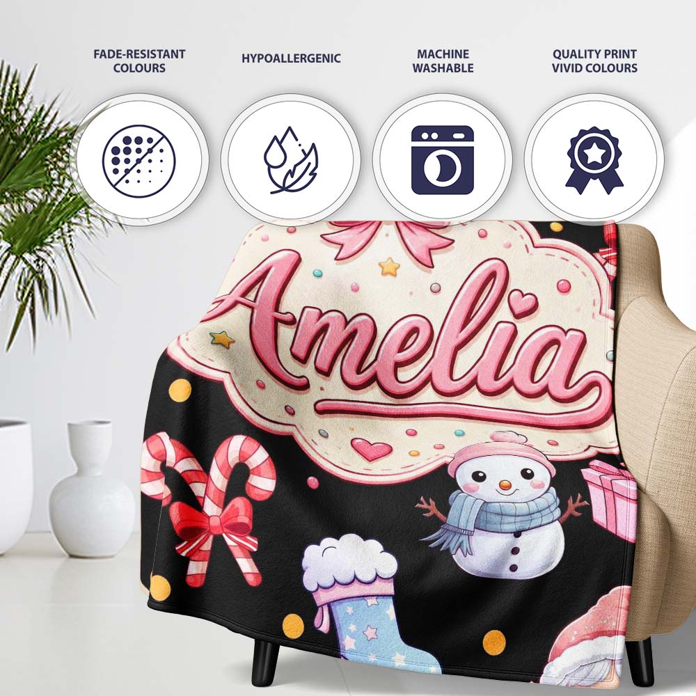 Cute Kawaii Santa Snowman Gift Characters Black Seamless Pattern Personalised Custom Name Super Soft Fleece Blanket Bed Sofa Throw