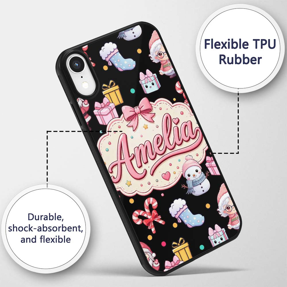 Cute Kawaii Santa Snowman Gift Characters Black Custom Name Protective Phone Case Mobile Cover Durable Everyday Smartphone Shock Resistant