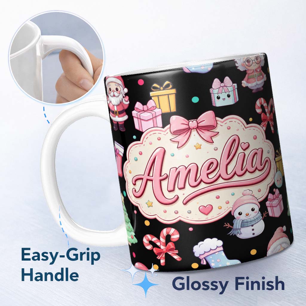 Personalized Custom Name Cute Kawaii Santa Snowman Gift Characters Black Seamless Pattern 11oz Ceramic Coffee Tea Mug White Large Handle