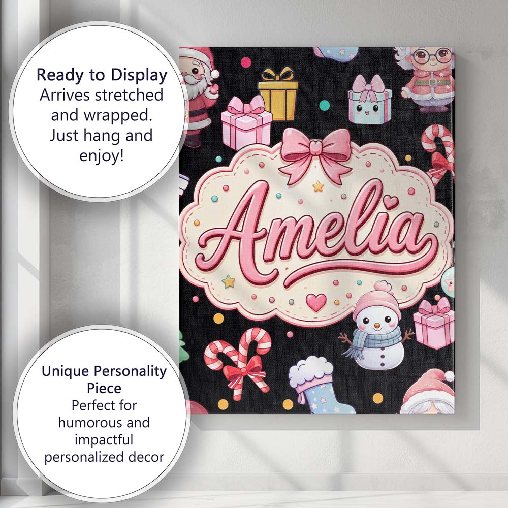 Personalised Name Cute Kawaii Santa Snowman Custom Bespoke Interior Contemporary Canvas Wall Art Print Decor Picture Ready to Hang