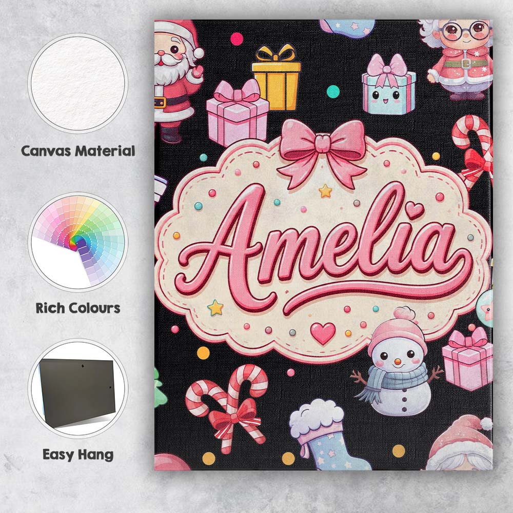 Personalised Name Cute Kawaii Santa Snowman Custom Bespoke Interior Contemporary Canvas Wall Art Print Decor Picture Ready to Hang