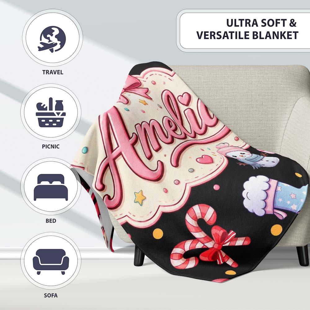 Cute Kawaii Santa Snowman Gift Characters Black Seamless Pattern Personalised Custom Name Super Soft Fleece Blanket Bed Sofa Throw
