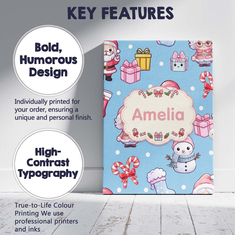 Personalised Name Cute Kawaii Santa Snowman Custom Bespoke Interior Contemporary Canvas Wall Art Print Decor Picture Ready to Hang