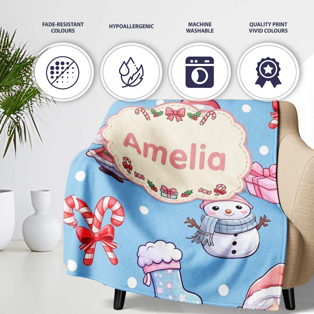 Cute Kawaii Santa Snowman Gift Characters Snow Blue Seamless Personalised Custom Name Super Soft Fleece Blanket Bed Sofa Throw