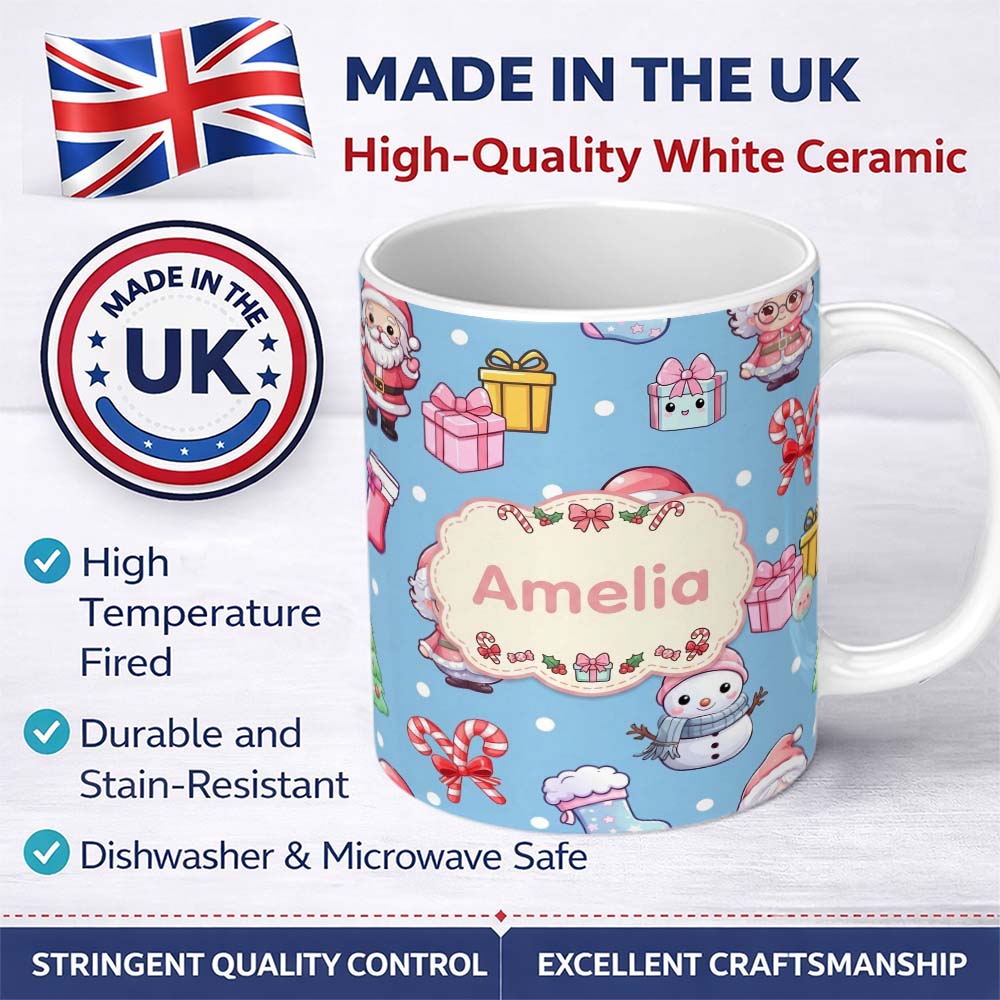 Personalized Custom Name Cute Kawaii Santa Snowman Gift Characters Snow Blue Seamless 11oz Ceramic Coffee Tea Mug White Large Handle