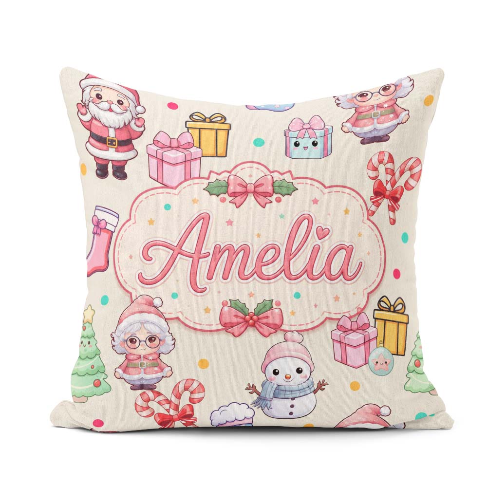 Custom Name Cute Kawaii Santa Snowman Characters Cream Seamless Square Filled Cushion Throw Pillow Sofa Bed Home Decor Zip Washable UK Made