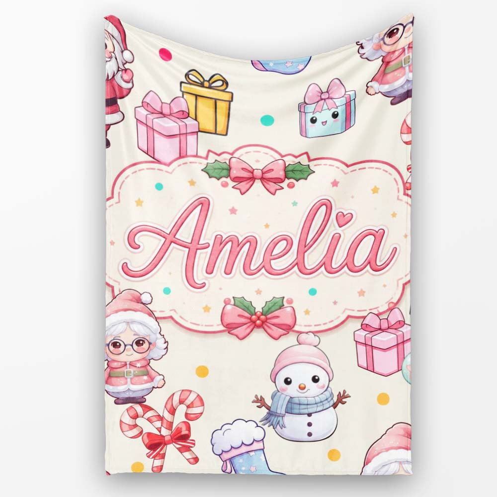 Cute Kawaii Santa Snowman Gift Characters Cream Background Seamless Personalised Custom Name Super Soft Fleece Blanket Bed Sofa Throw