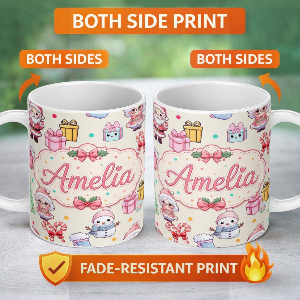 Personalized Custom Name Cute Kawaii Santa Snowman Gift Characters Cream Background Seamless 11oz Ceramic Coffee Tea Mug White Large Handle