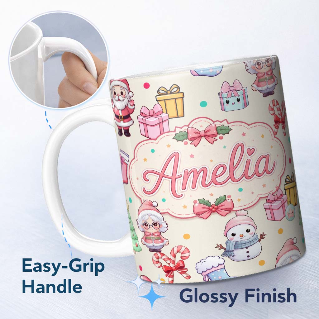 Personalized Custom Name Cute Kawaii Santa Snowman Gift Characters Cream Background Seamless 11oz Ceramic Coffee Tea Mug White Large Handle