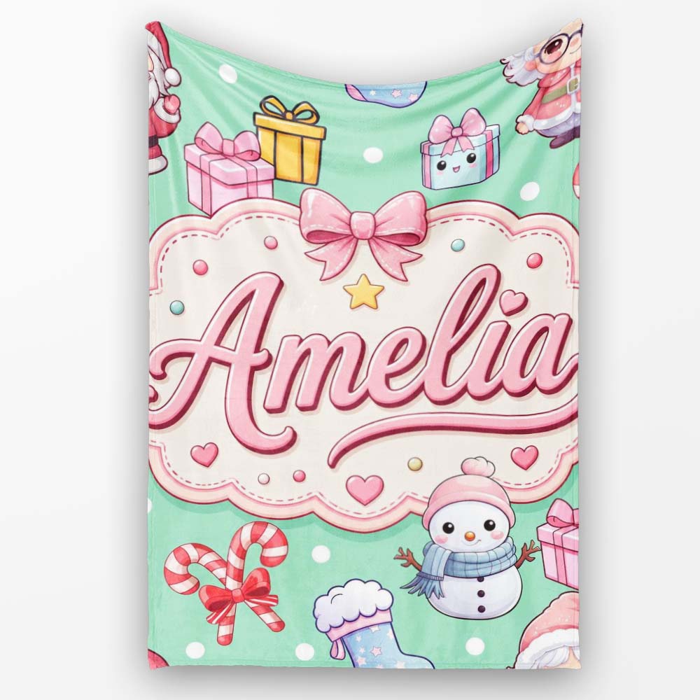 Cute Kawaii Santa Snowman Gift Characters Mint Green Background Personalised Custom Name Super Soft Fleece Blanket Bed Sofa Throw