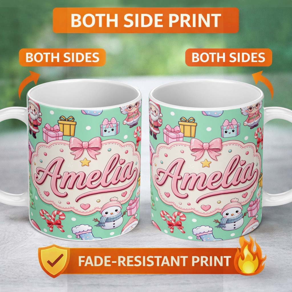Personalized Custom Name Cute Kawaii Santa Snowman Gift Characters Mint Green Background 11oz Ceramic Coffee Tea Mug White Large Handle