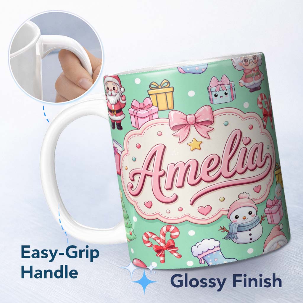 Personalized Custom Name Cute Kawaii Santa Snowman Gift Characters Mint Green Background 11oz Ceramic Coffee Tea Mug White Large Handle