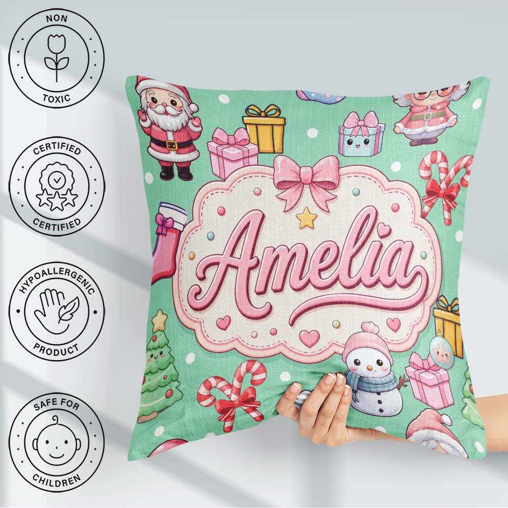 Custom Name Cute Kawaii Santa Snowman Gift Characters Mint Green Square Filled Cushion Throw Pillow Sofa Bed Home Decor Zip Washable UK Made