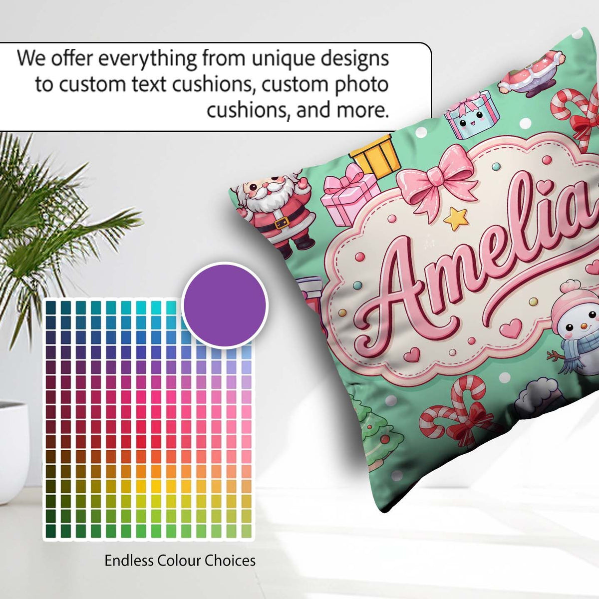 Custom Name Cute Kawaii Santa Snowman Gift Characters Mint Green Square Filled Cushion Throw Pillow Sofa Bed Home Decor Zip Washable UK Made