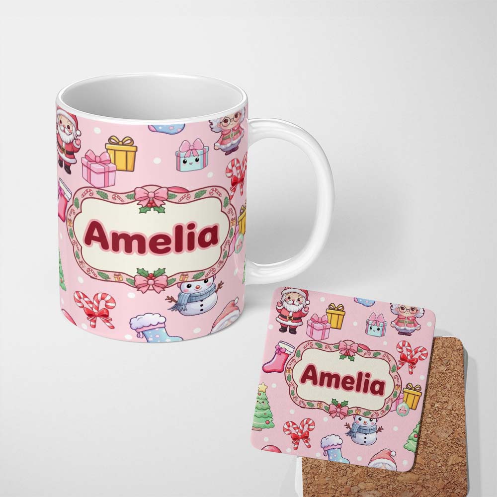 Personalized Custom Name Cute Kawaii Santa Snowman Gift Characters Soft Pink Background 11oz Ceramic Coffee Tea Mug White Large Handle